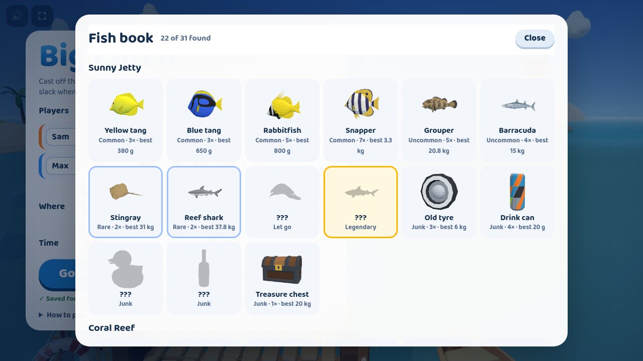 The fish book, with the fish found so far and the heaviest of each