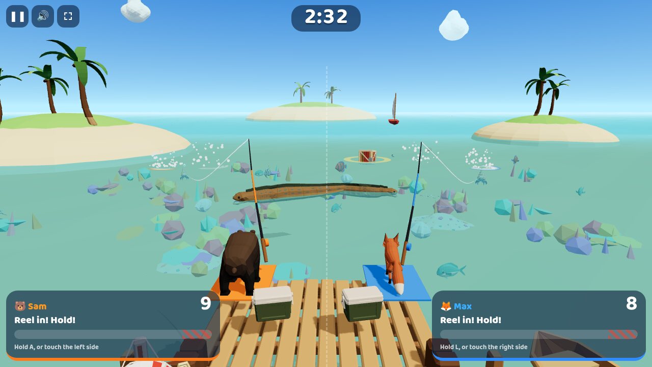 Two players on the jetty at the Coral Reef, both reeling in fish at the same time