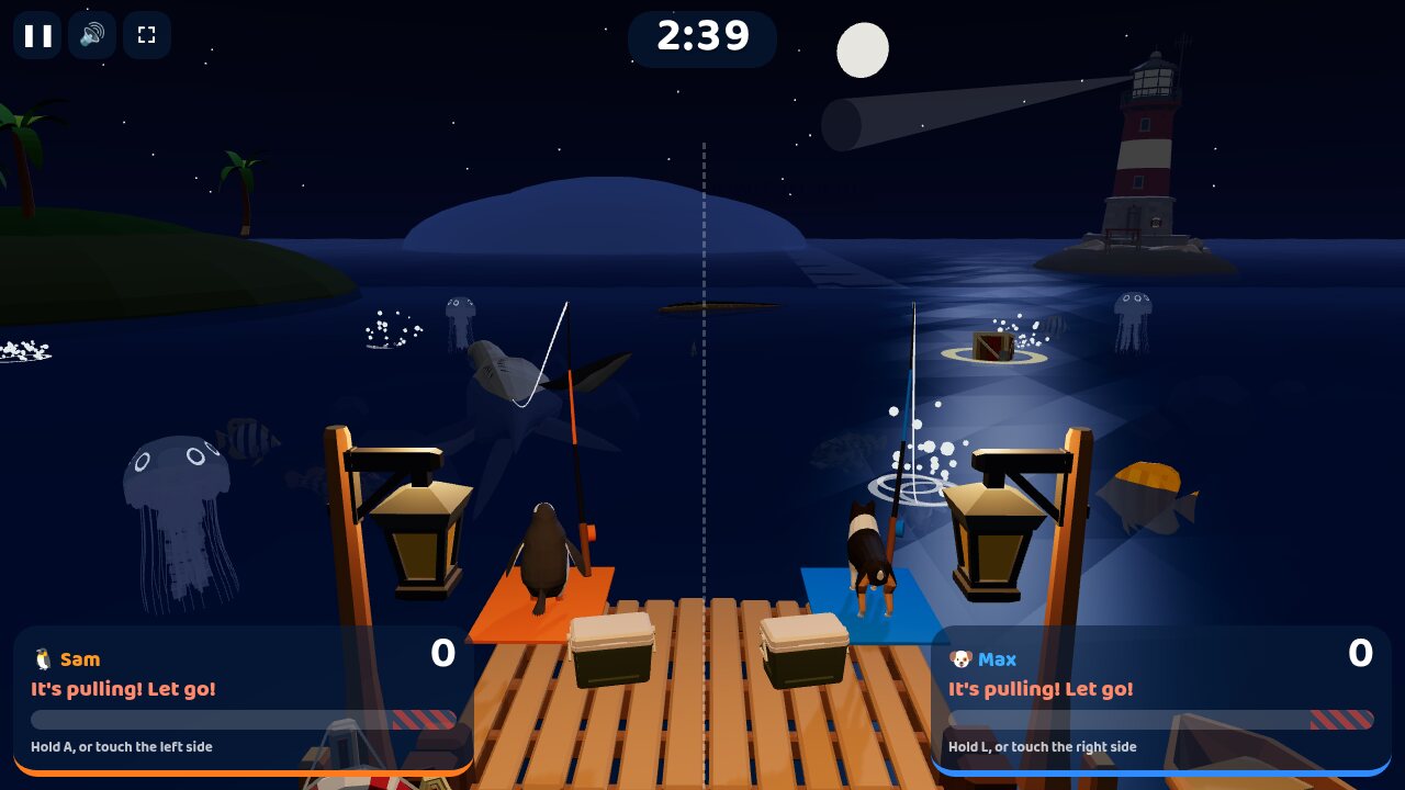 Moonlight Bay at night: lanterns on the jetty, glowing jellyfish, and a sea monster on the penguin's line