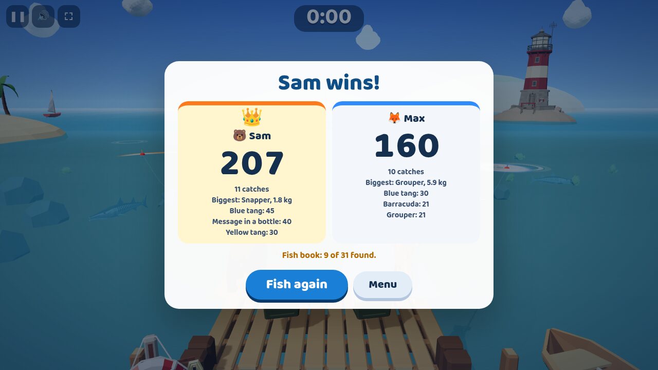 End of a two-player round: scores, number of catches and the biggest fish for each player