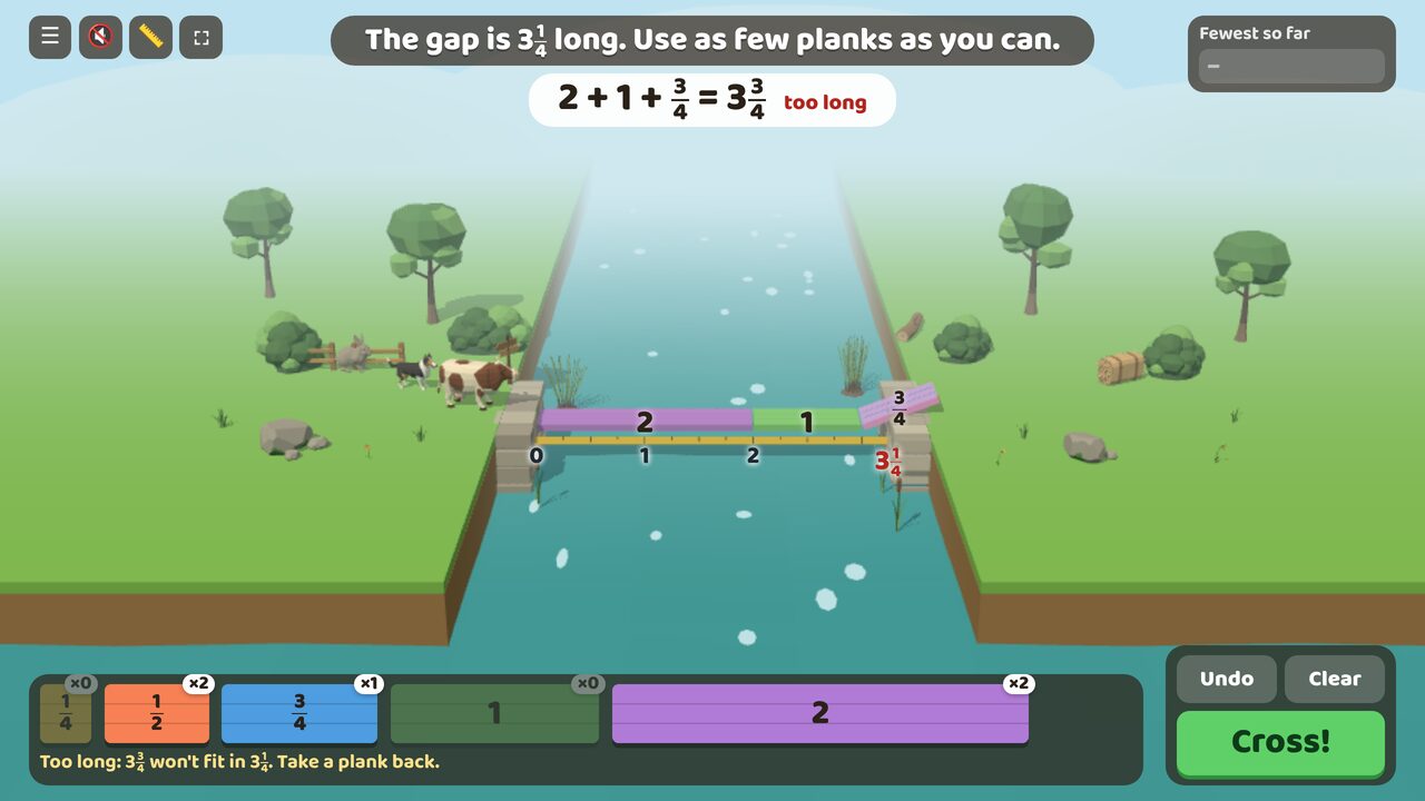 2 + 1 + ¾ makes 3¾, too long for a 3¼ gap. The last plank sticks out over the bank