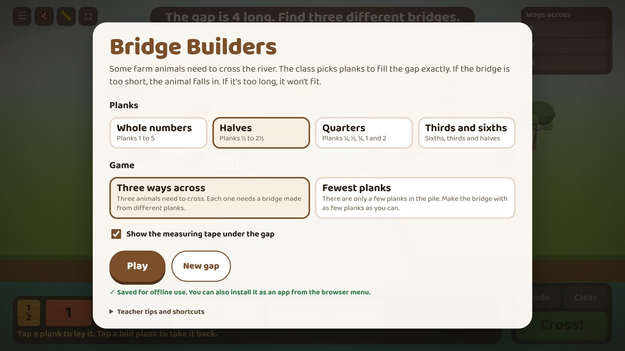 Menu: choose the planks and the game