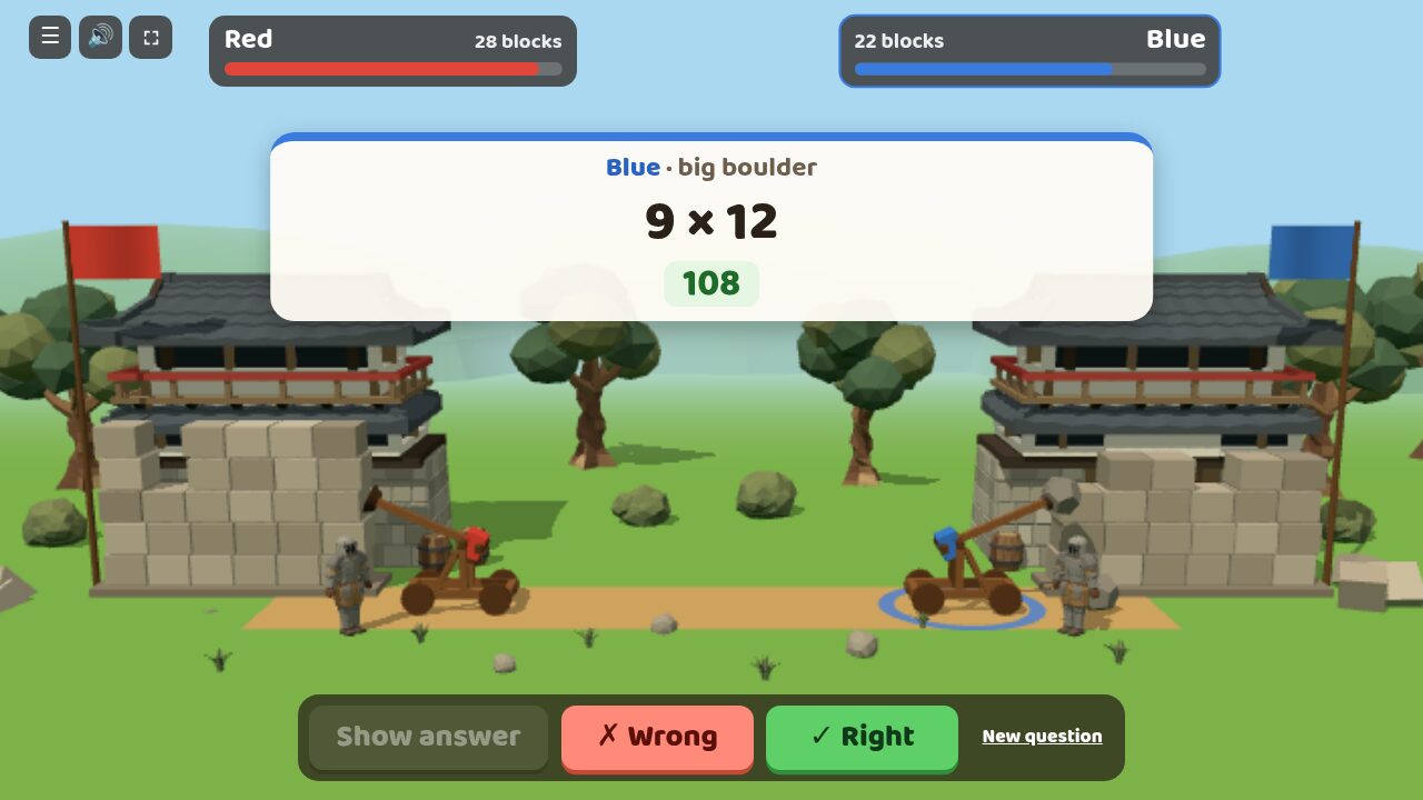 The question 9 × 12 on the board with the answer 108 showing, and Wrong and Right buttons for the teacher