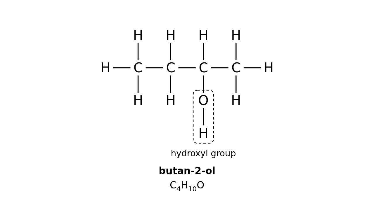 Butan-2-ol with every bond drawn and the hydroxyl group boxed