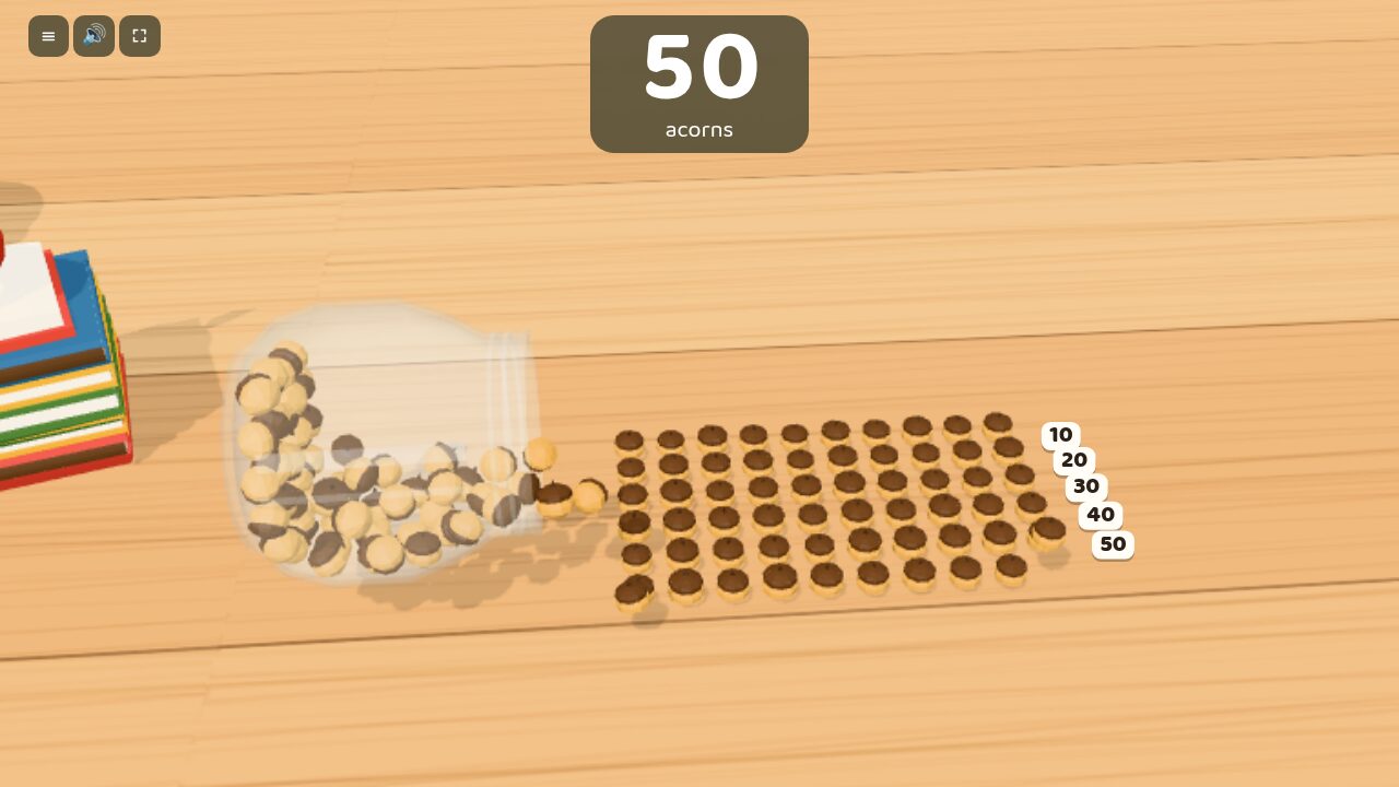 The jar tips and the acorns land in rows of ten while the count goes up