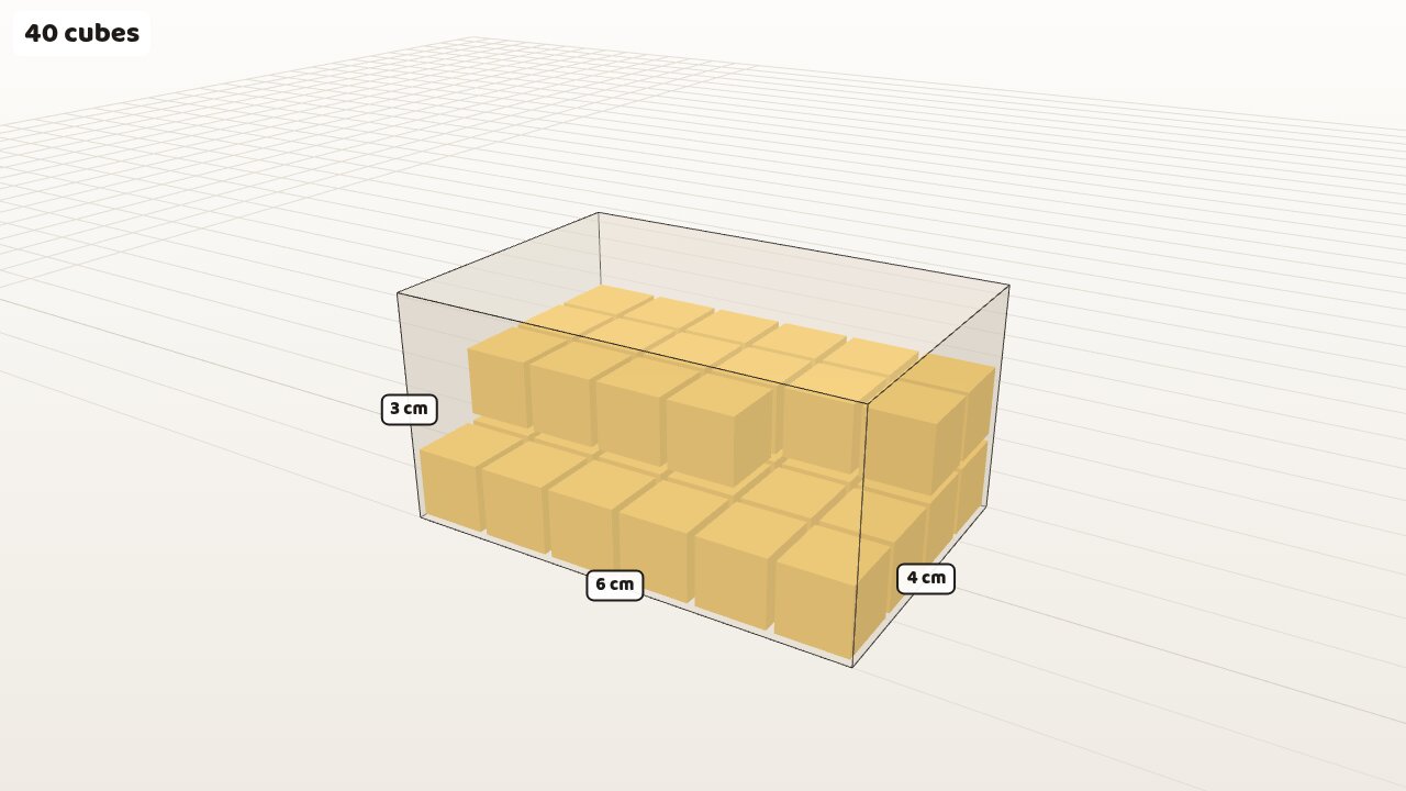 A rectangular prism filling up with 1 cm cubes, layer by layer, with the count in the corner