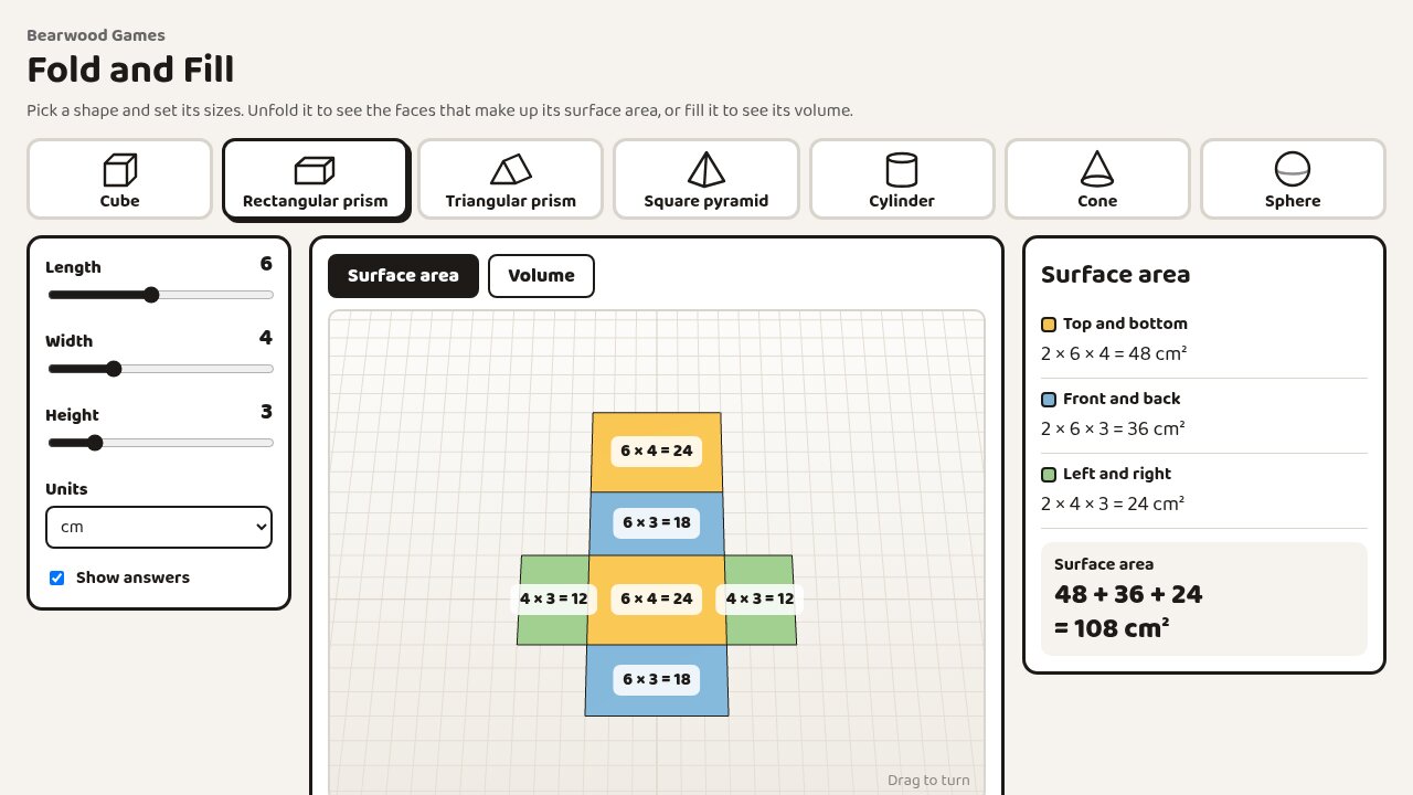 The page: shapes along the top, sizes on the left, the shape in the middle and the working on the right