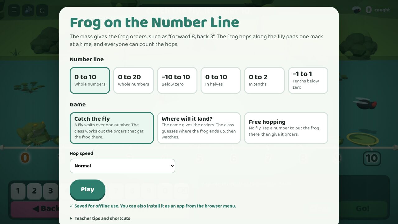 Menu: choose a number line, a game and the hop speed