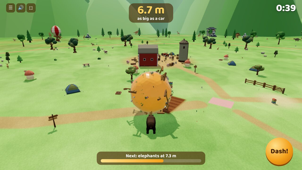 A ball as big as a car rolls away from the farmyard
