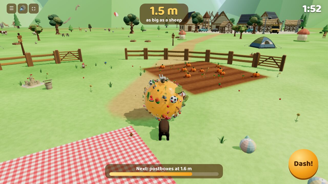 The ball, as big as a sheep and covered in apples and flowers, rolls past the vegetable patch