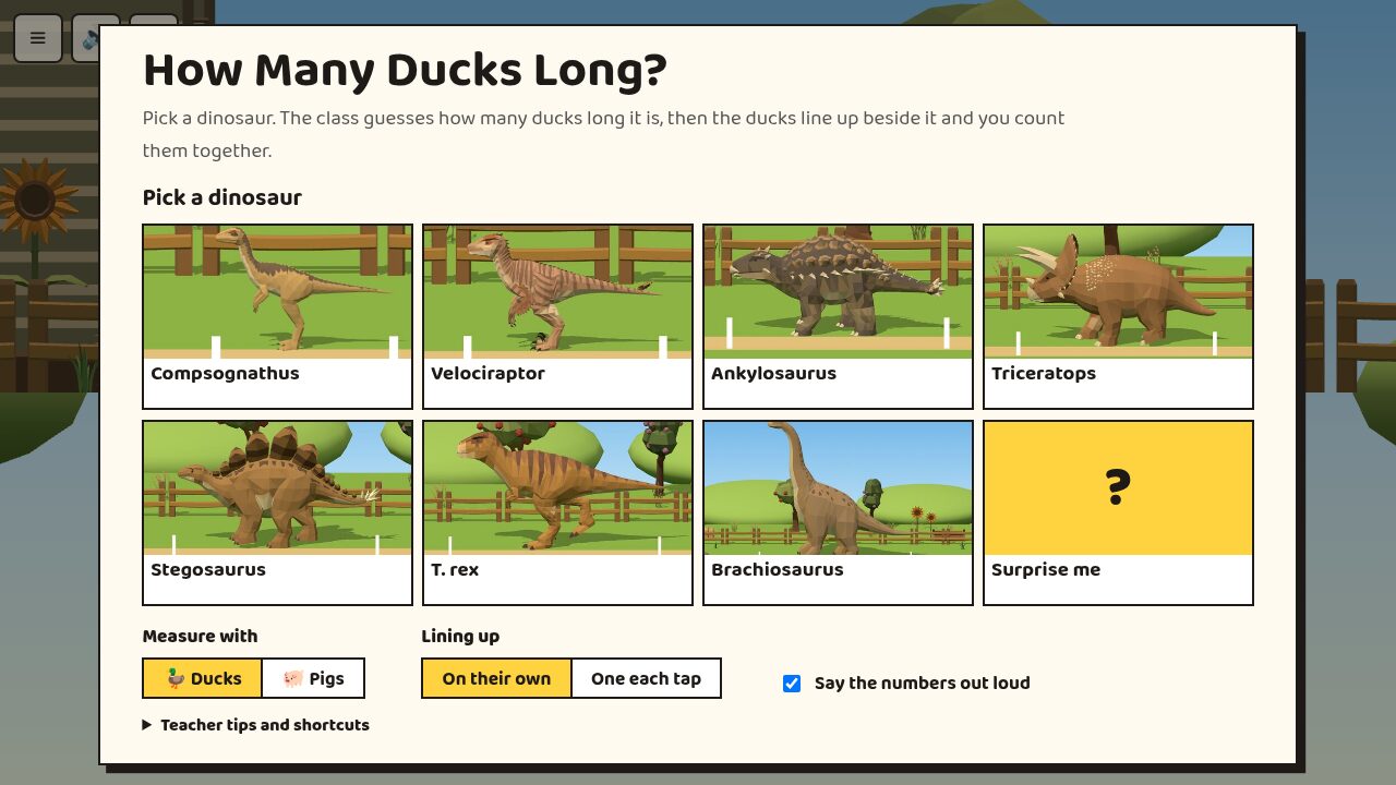 Menu: pick one of seven dinosaurs, ducks or pigs, and how the ducks come in