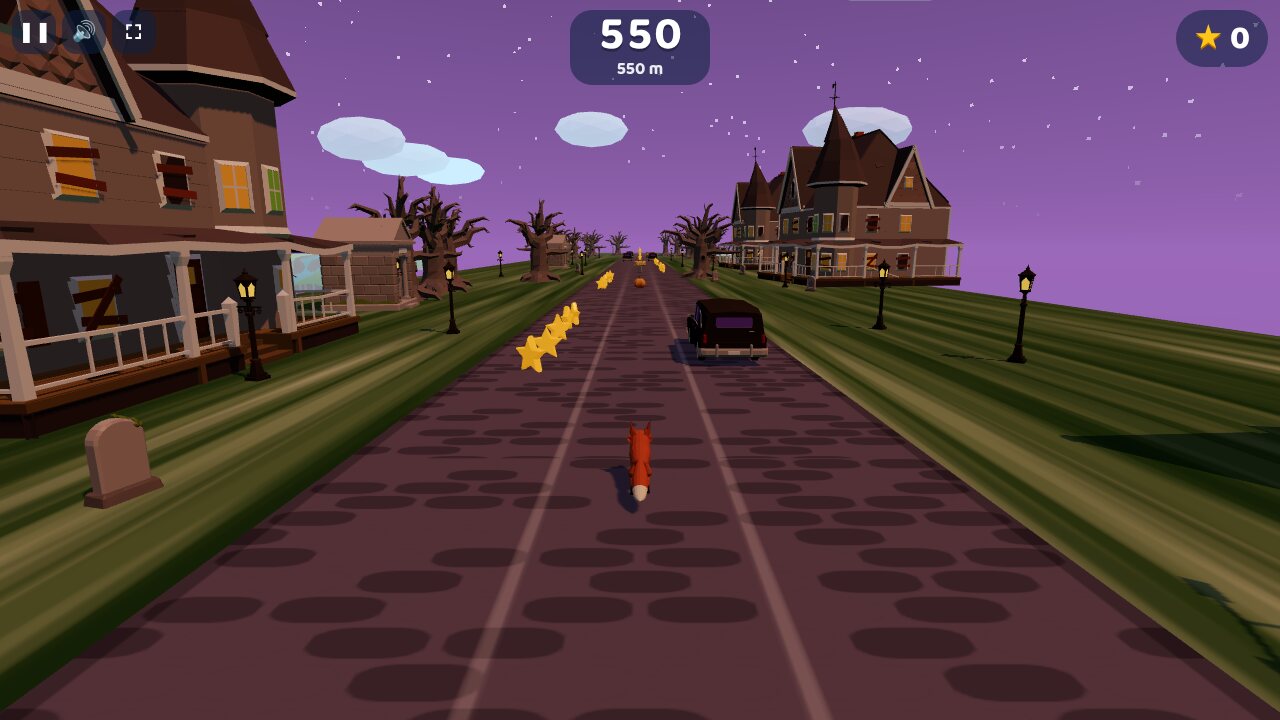 Pumpkin Hill at dusk: haunted houses, lanterns and an old hearse on a cobbled street