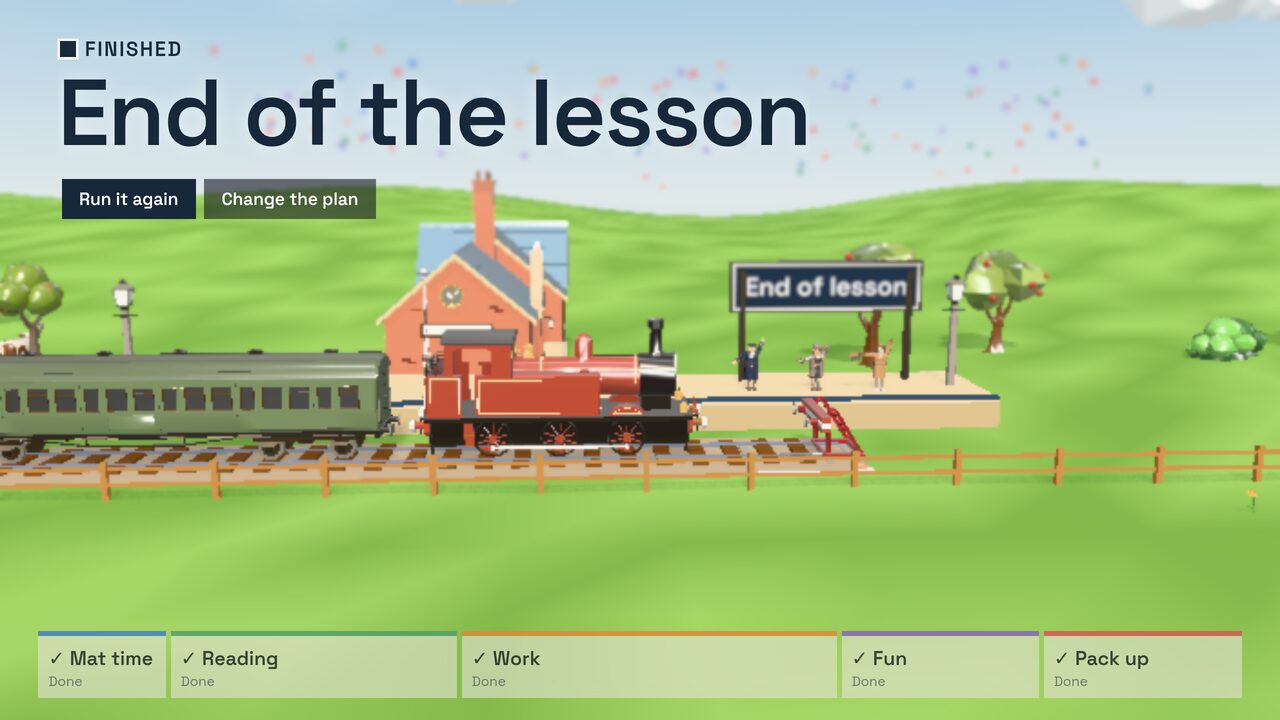 End of the lesson: the train at the buffers by the station house, people waving