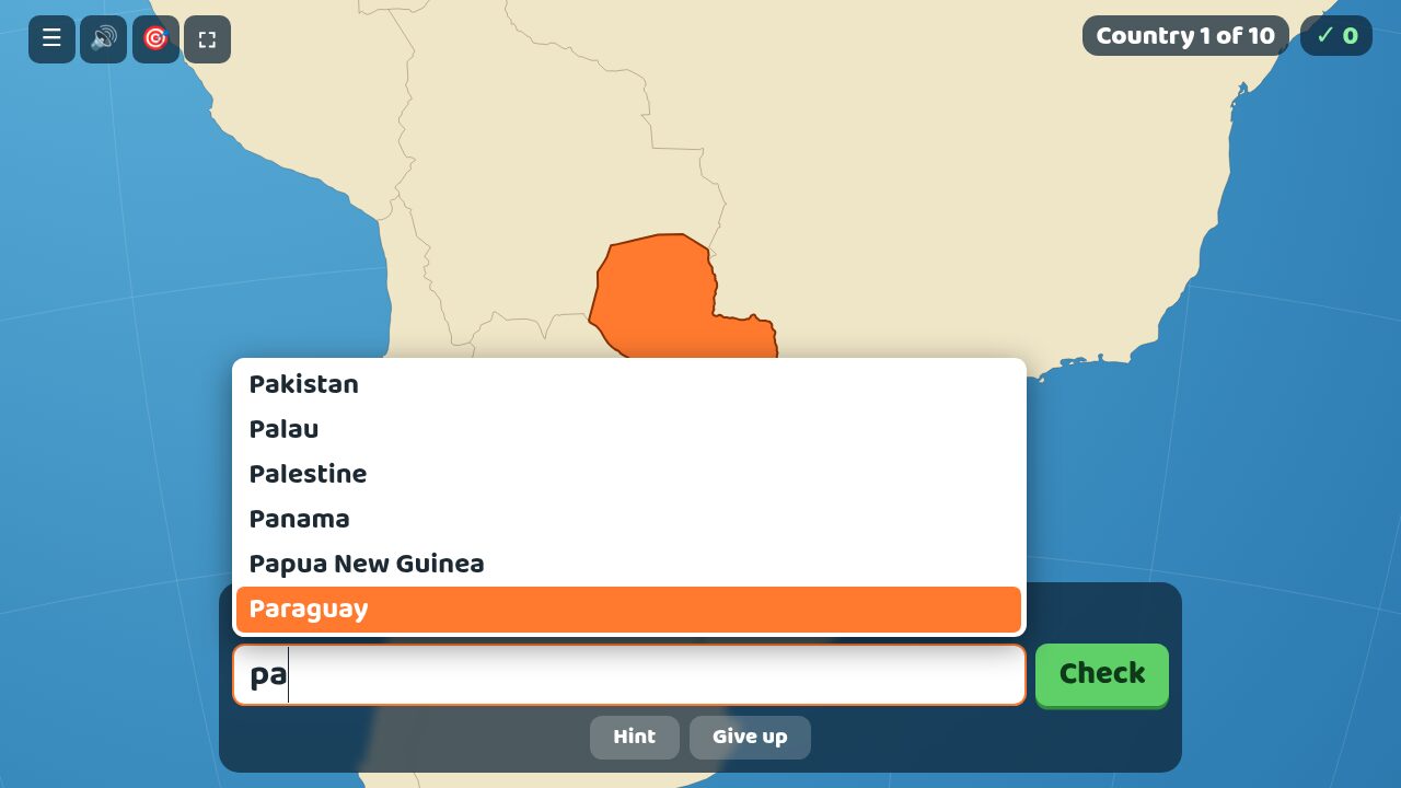 Typing pa lists Pakistan, Palau, Palestine, Panama, Papua New Guinea and Paraguay