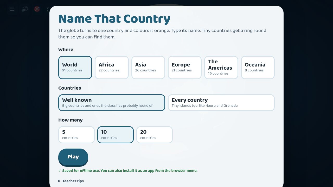 Menu: choose the region, the countries and how many