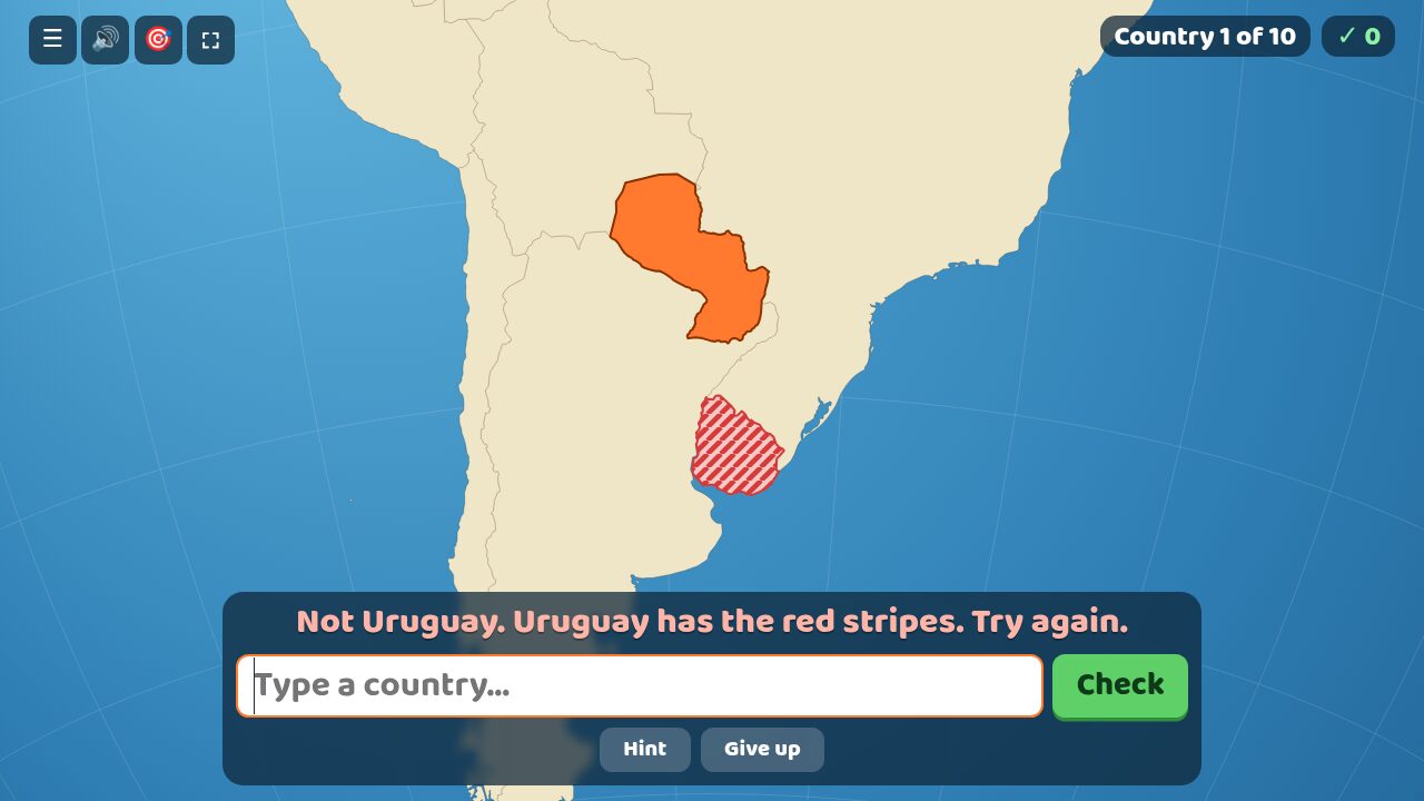 Not Uruguay. Uruguay has red stripes, just south of Paraguay