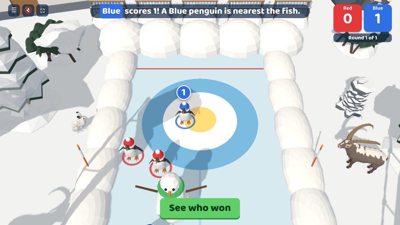 Blue scores 1. The Blue penguin nearest the fish has a 1 over its head