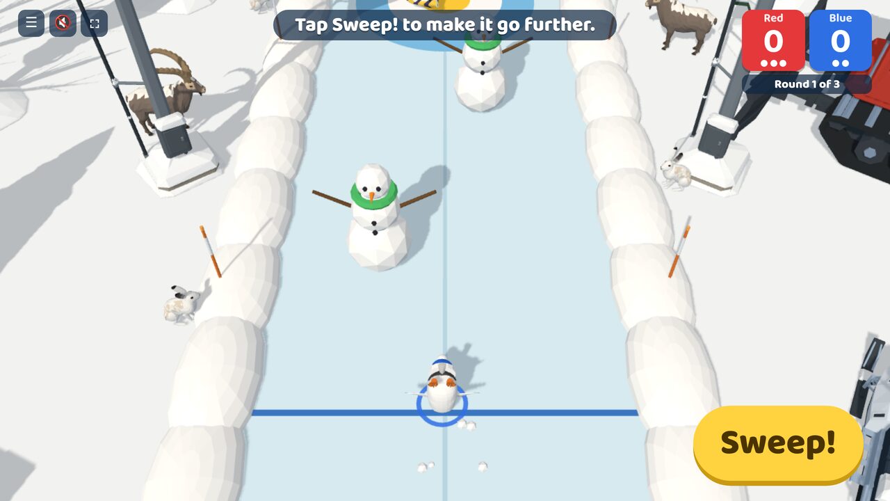 The penguin slides on its belly past the blue line while the class taps Sweep!