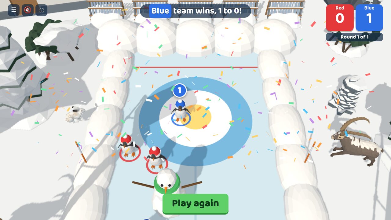 Blue team wins, 1 to 0, with confetti