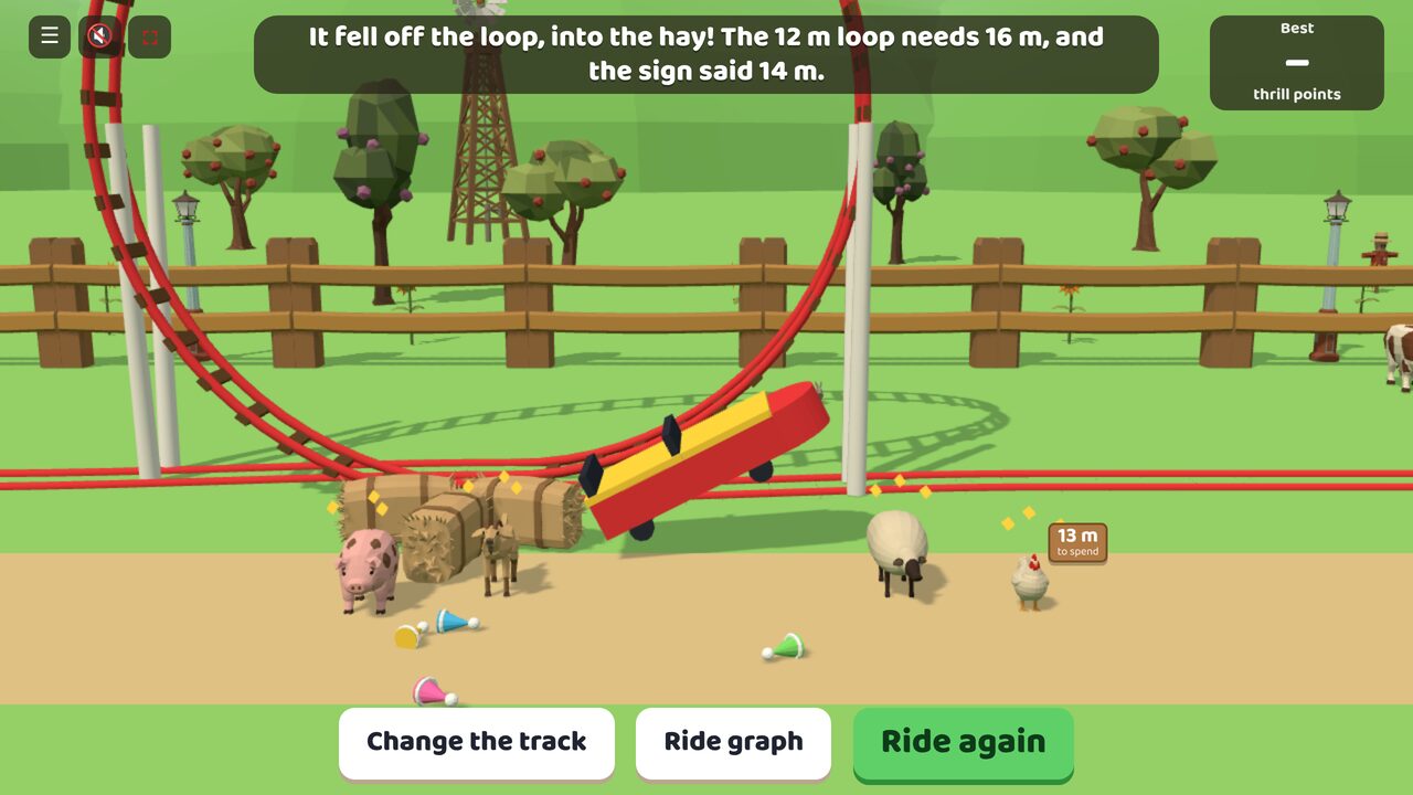 The cart fell off a 12 m loop into the hay, and the dizzy animals stand around it