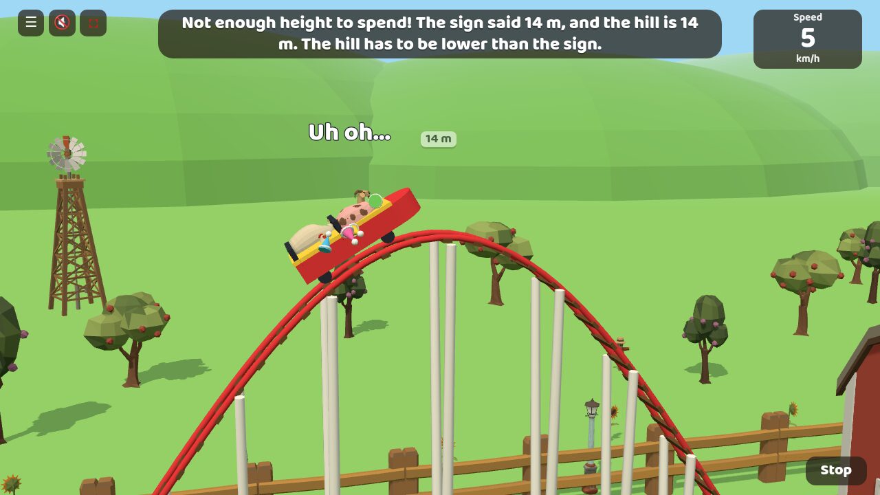 The cart rolls back down a 14 m hill. The board says the sign said 14 m, and the hill has to be lower