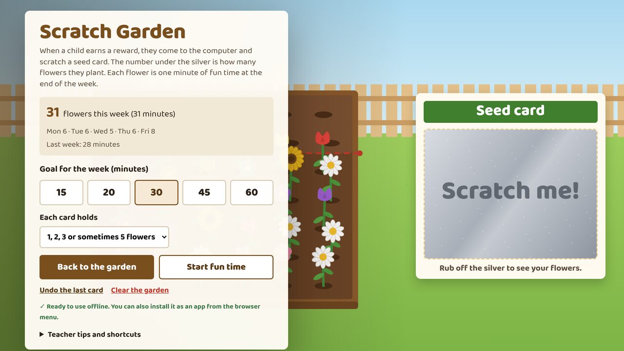 Teacher menu: flowers this week by day, the goal and what each card holds