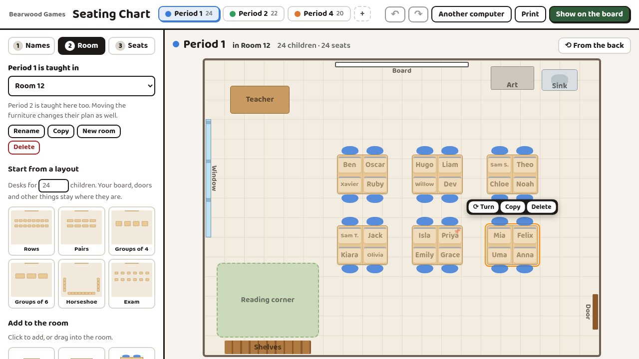 Drawing the room: ready-made layouts and furniture on the left, and a table picked with Turn, Copy and Delete buttons