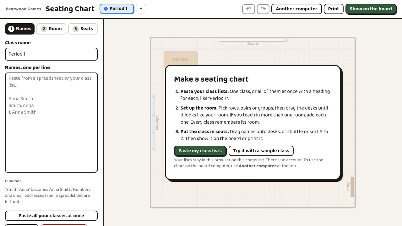The first visit: three steps, with buttons to paste your class lists or try a sample class