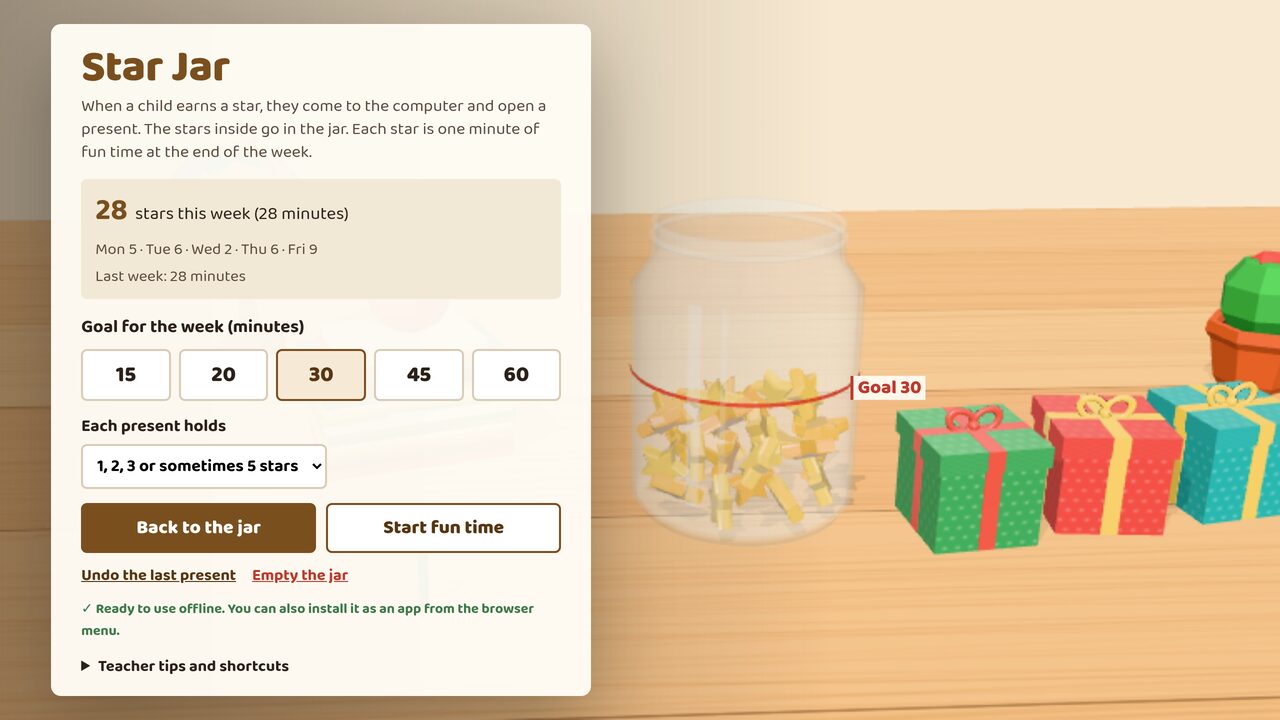 Teacher menu: stars this week by day, the goal and what each present holds