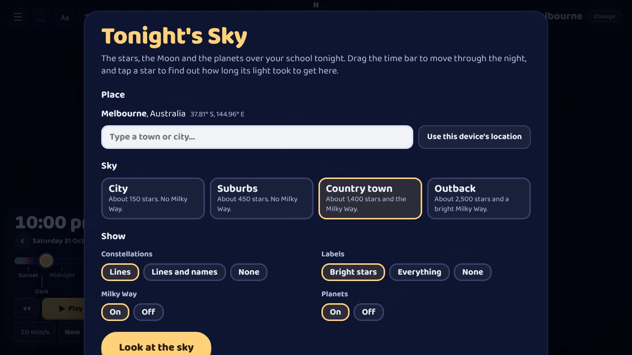 Menu: choose the place, how dark the sky is, and what to show